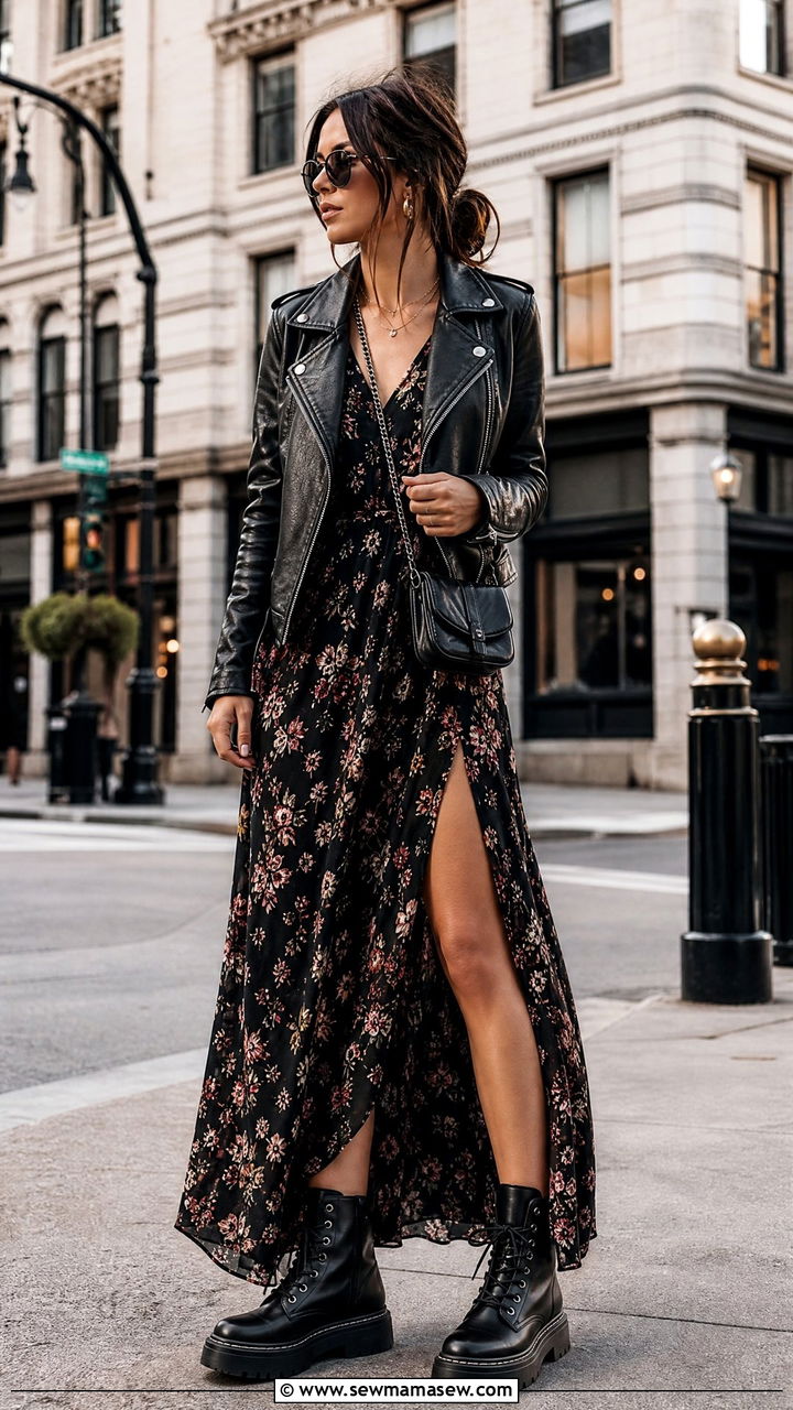 Maxi Dress With Combat Boots and Moto Jacket - 25 chic maxi dress outfit ideas