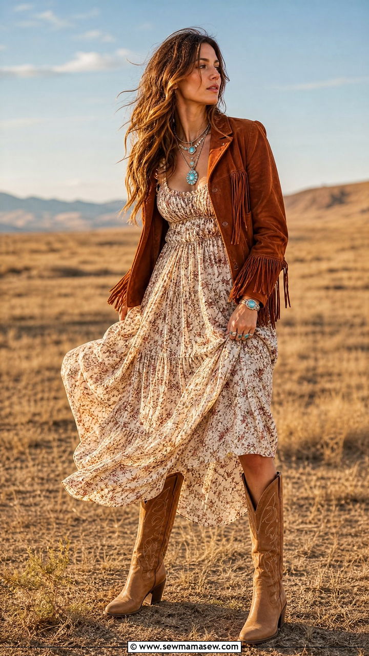 Maxi Dress With Cowboy Boots and Suede Jacket - 25 chic maxi dress outfit ideas