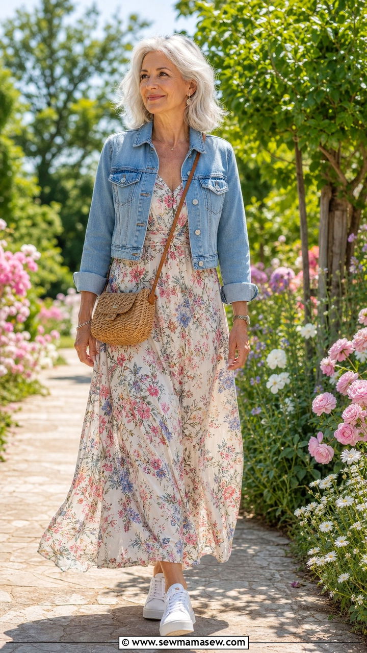Maxi Dress With Cropped Denim Jacket - 25 Sophisticated outfit ideas for women over 60