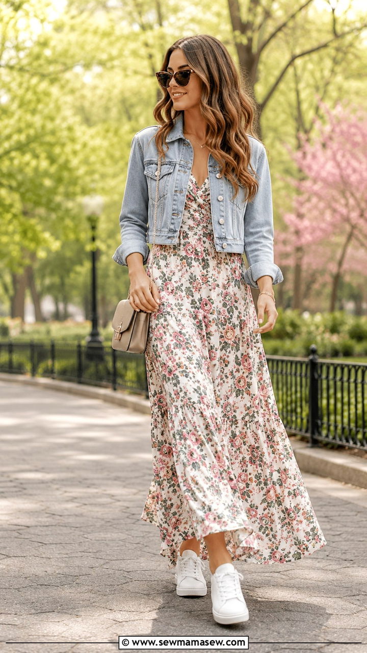 Maxi Dress With Cropped Denim Jacket And Sneakers - 30 Maxi dress with a denim jacket outfit ideas