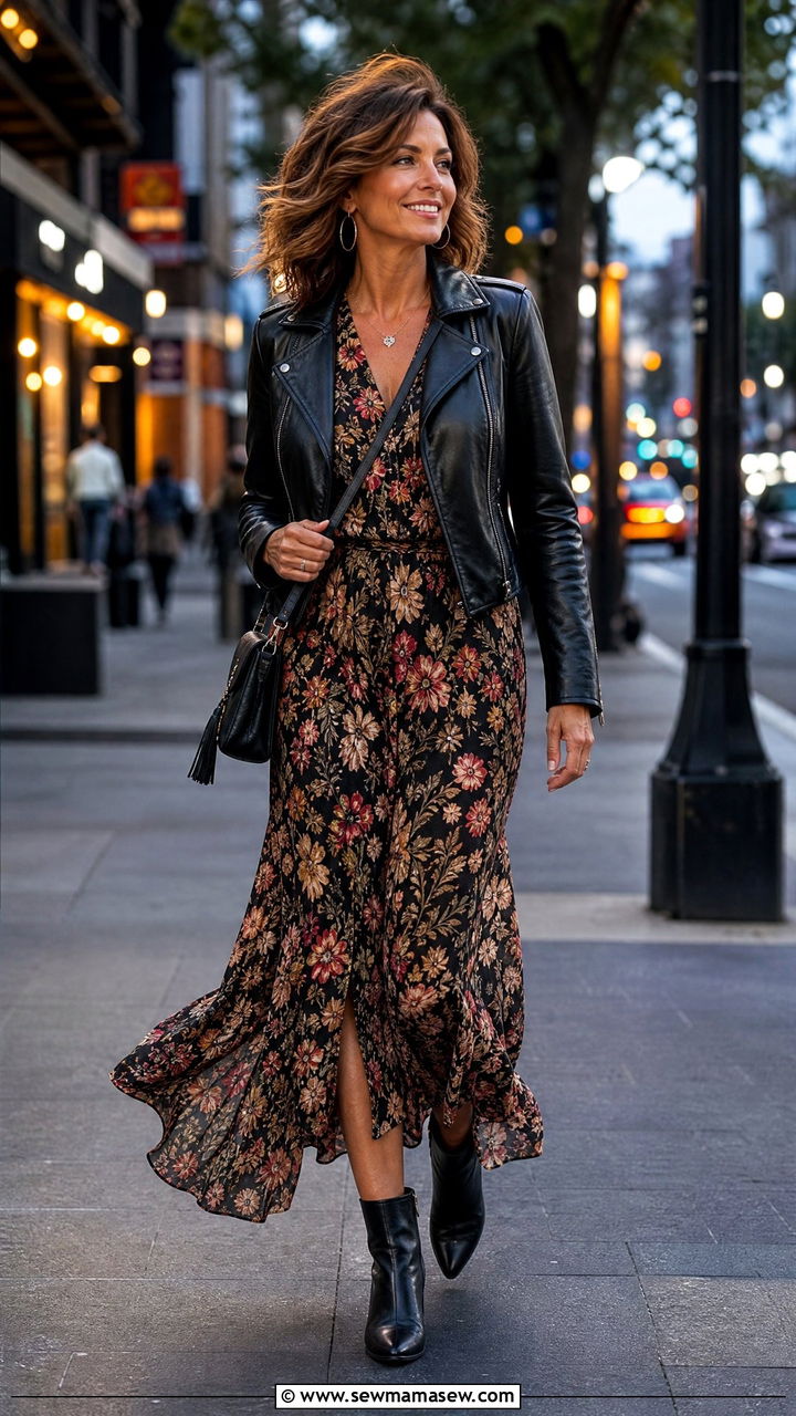Maxi Dress With Cropped Leather Jacket And Boots - 30 Maxi dress for women over 40 outfit ideas