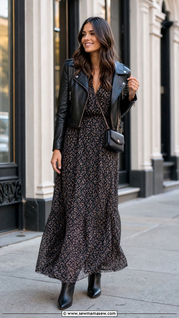 Maxi Dress With Cropped Leather Jacket - 35 maxi dress outfits for women