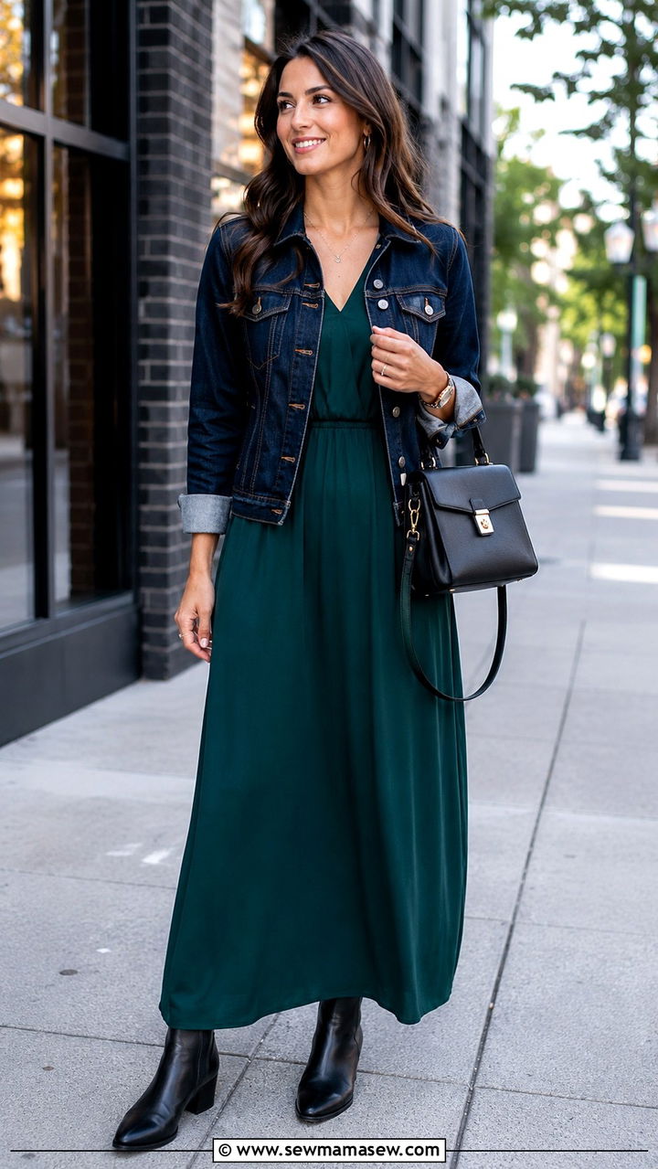 Maxi Dress With Dark Wash Denim Jacket And Ankle Boots - 30 Maxi dress with a denim jacket outfit ideas