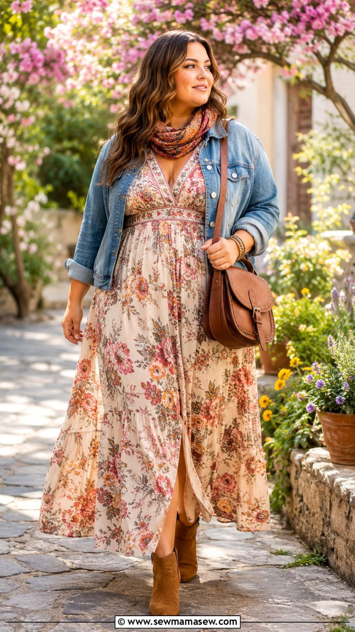 Maxi Dress With Denim Jacket - 30 Boho outfit ideas plus size