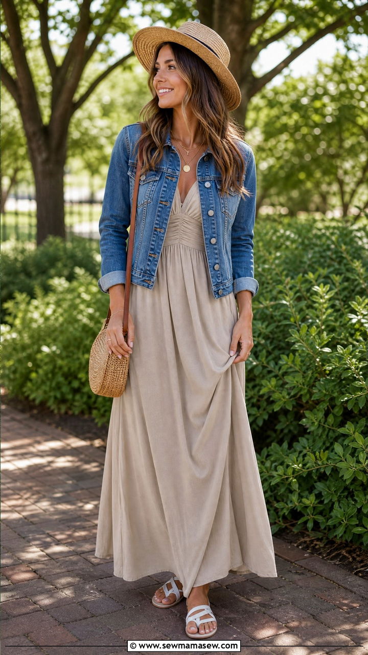 Maxi Dress With Denim Jacket - 30 Effortless brunch outfit ideas