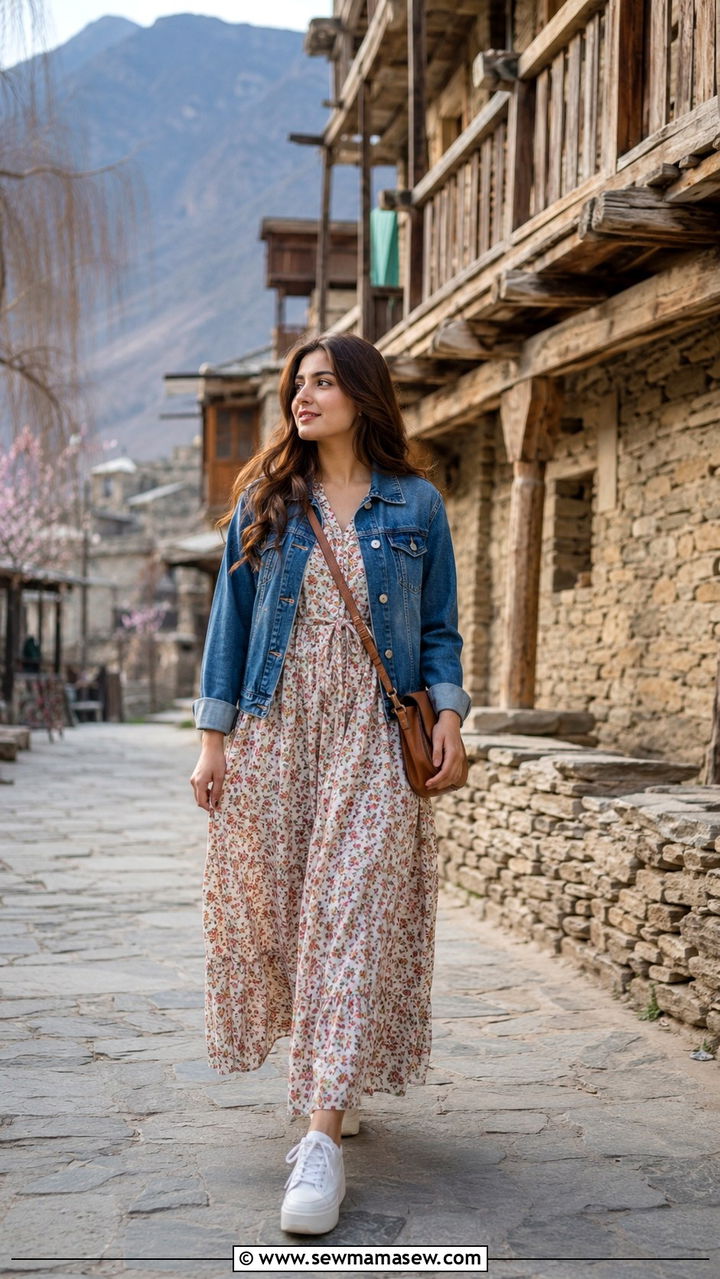 Maxi Dress With Denim Jacket - 30 Islamabad outfit ideas