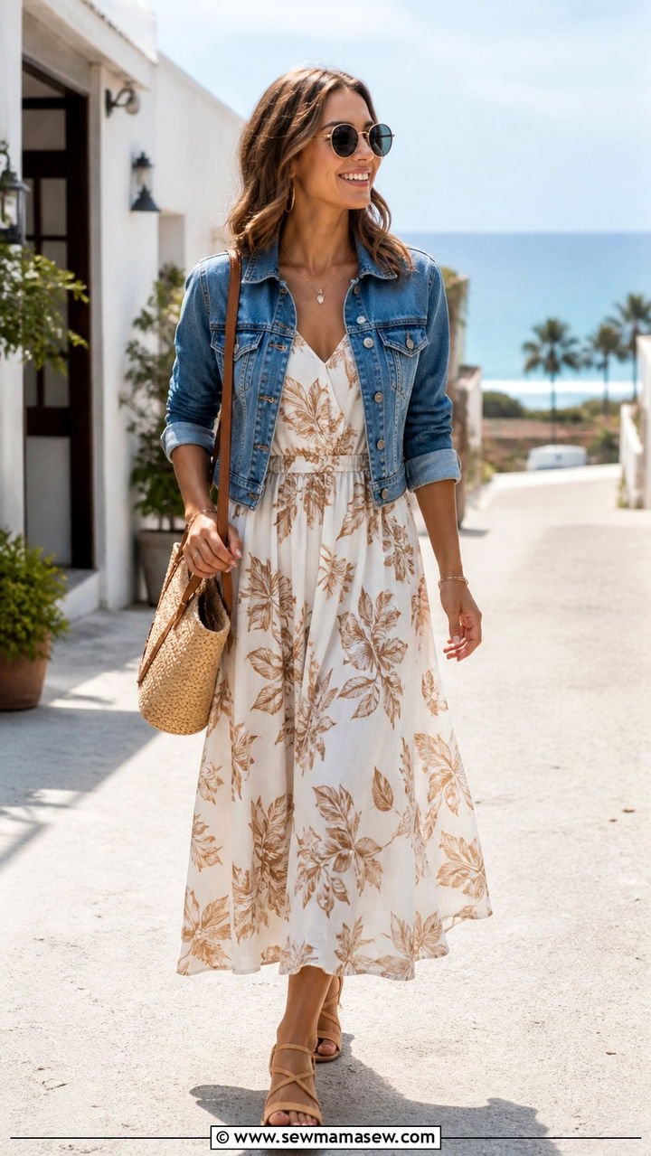 Maxi Dress With Denim Jacket - 20 45 year old woman outfit ideas