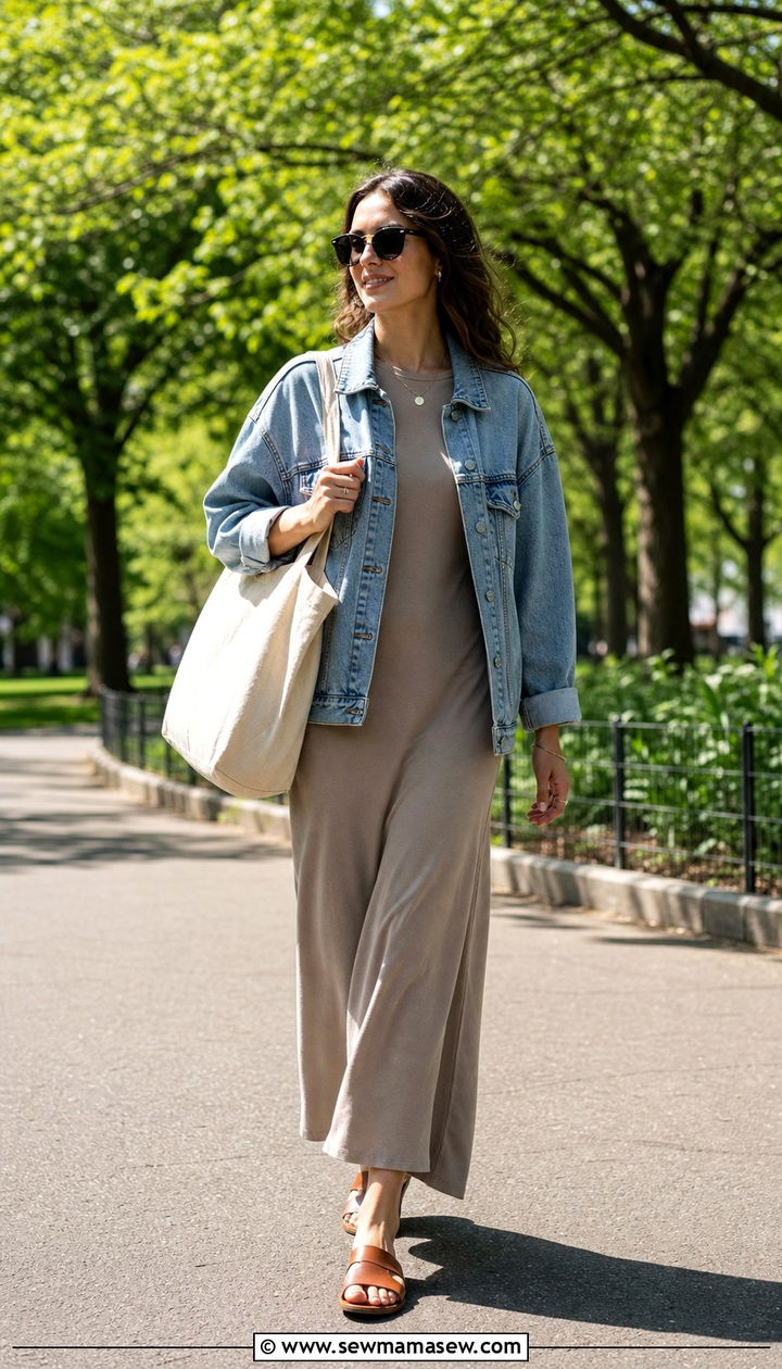 Maxi Dress With Denim Jacket - 25 dress outfits aesthetic