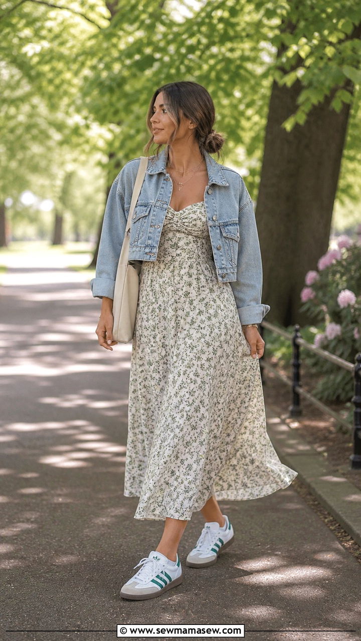 Maxi Dress With Denim Jacket And Adidas Samba - 20 How to style Adidas Samba