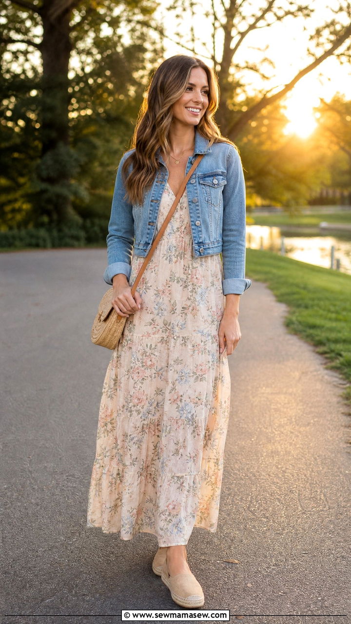 Maxi Dress With Denim Jacket And Espadrille Flats - 40 Disney trip outfit ideas