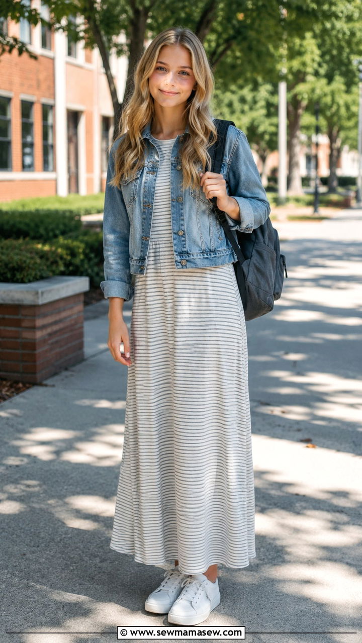 Maxi Dress With Denim Jacket And Sneakers - 30 Modest outfit ideas for teens