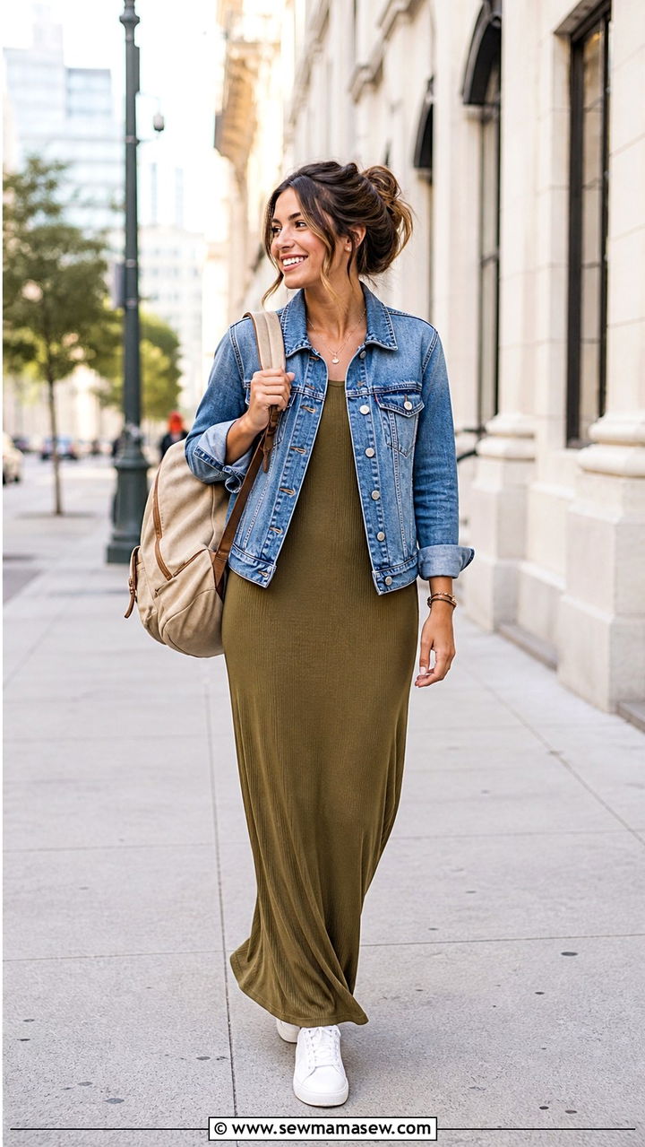 Maxi Dress With Denim Jacket And Sneakers Outfit - 40 dress outfits