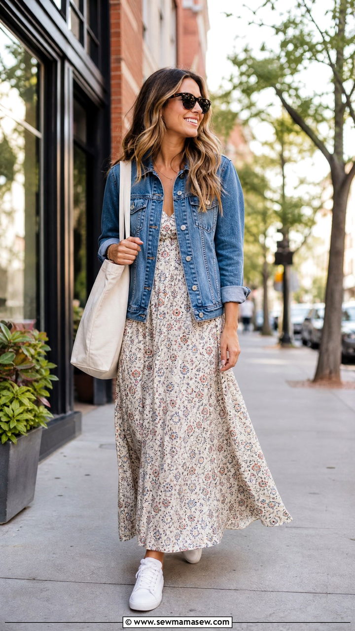 Maxi Dress With Denim Jacket And White Sneakers - 30 Maxi dress outfit ideas with sneakers
