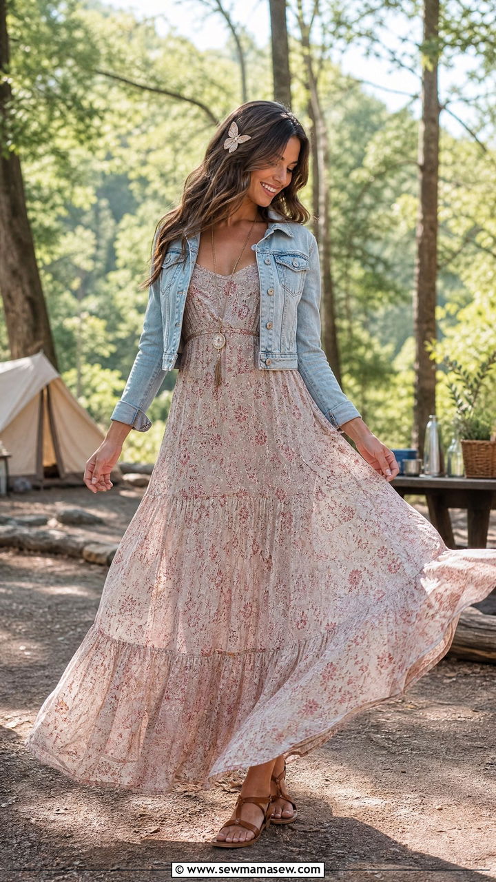 Maxi Dress With Denim Jacket Camping Outfit - 30 Summer camping trip outfits