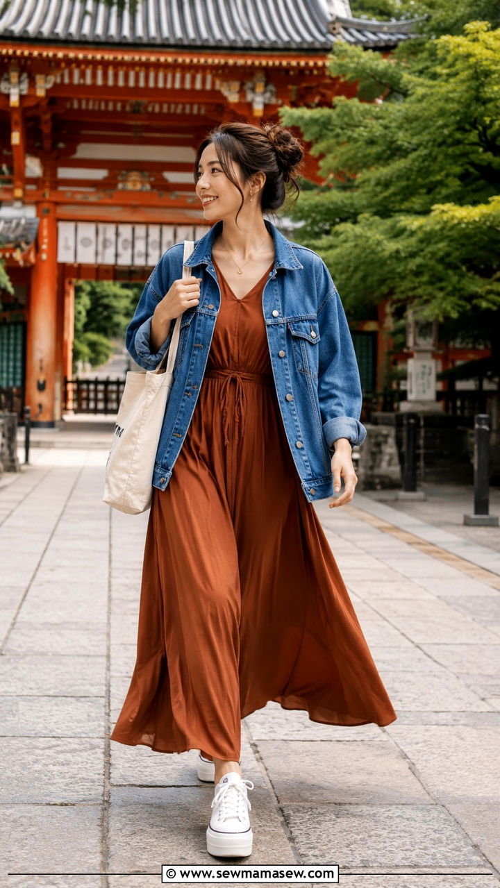 Maxi Dress With Denim Jacket Kyoto - 30 Kyoto outfit ideas