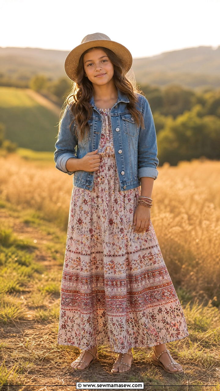 Maxi Dress With Denim Jacket Outfit - 30 Cute outfits for tweens