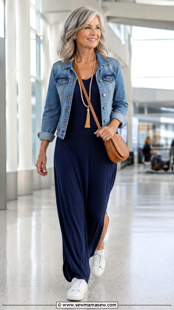 Maxi Dress With Denim Jacket Plane Outfit Over 50 - 25 What to wear on a plane over 50
