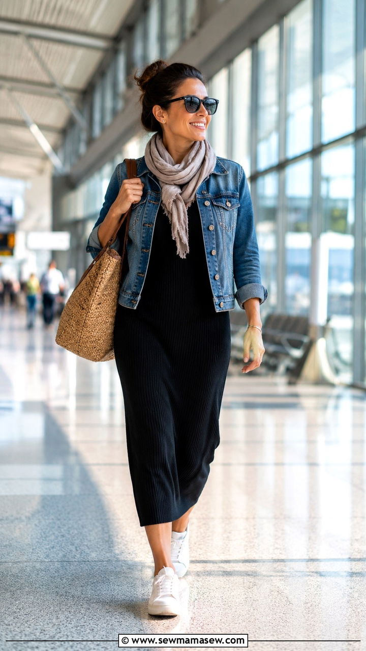 Maxi Dress With Denim Jacket Travel Look - 25 Airport outfit ideas for short flight