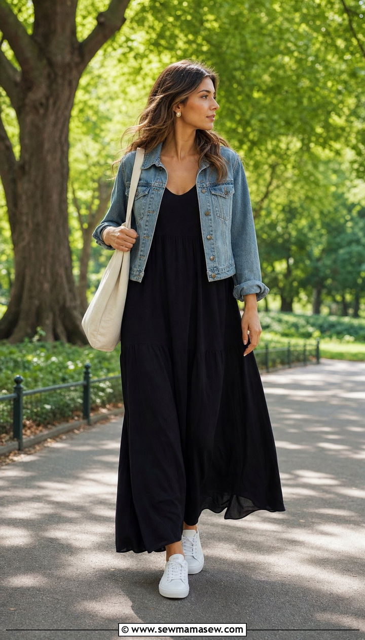 Maxi Dress With Denim Jacket and Sneakers - 25 Sporty chic outfit ideas walking