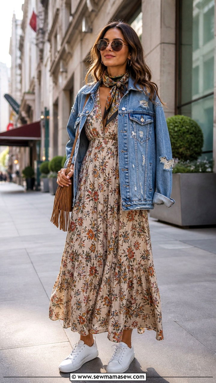Maxi Dress With Distressed Denim Jacket - 40 boho chic outfits