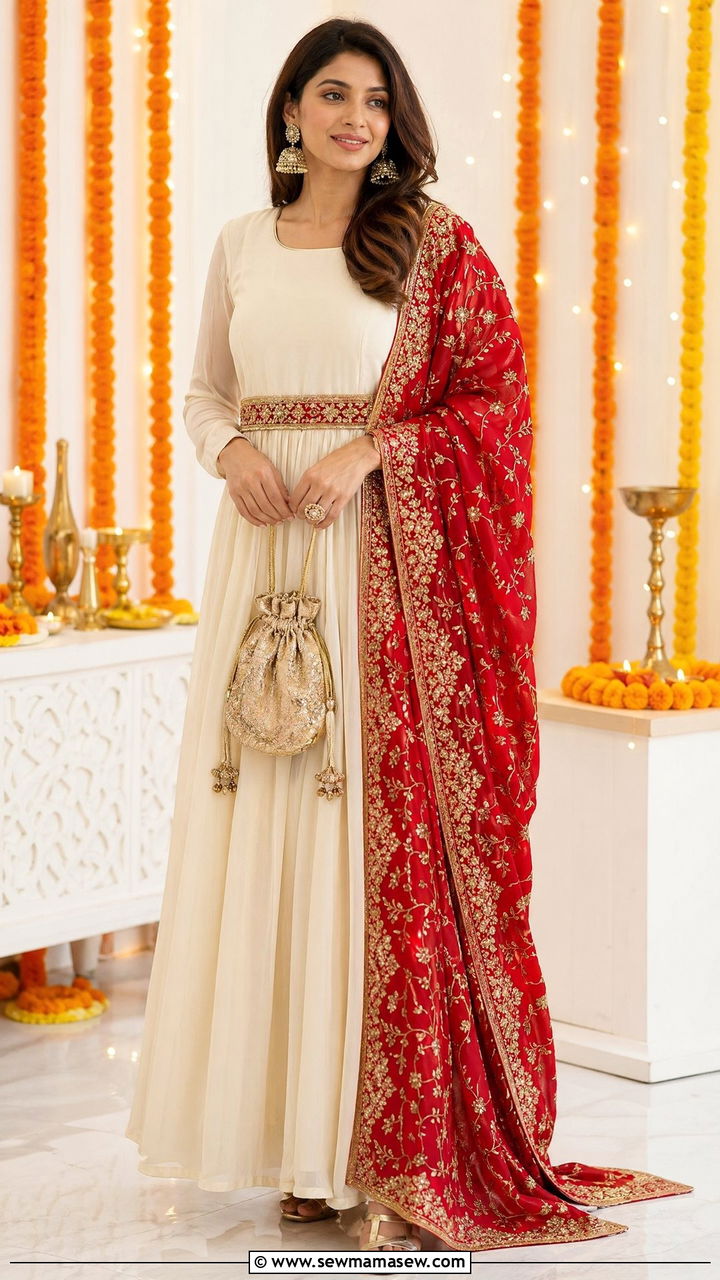 Maxi Dress With Dupatta For Diwali Party - 35 Diwali outfit ideas for women