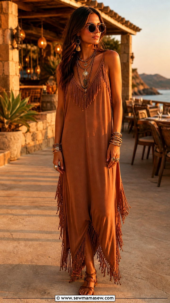 Maxi Dress With Fringe Details and Layered Jewelry - 40 Boho summer outfits