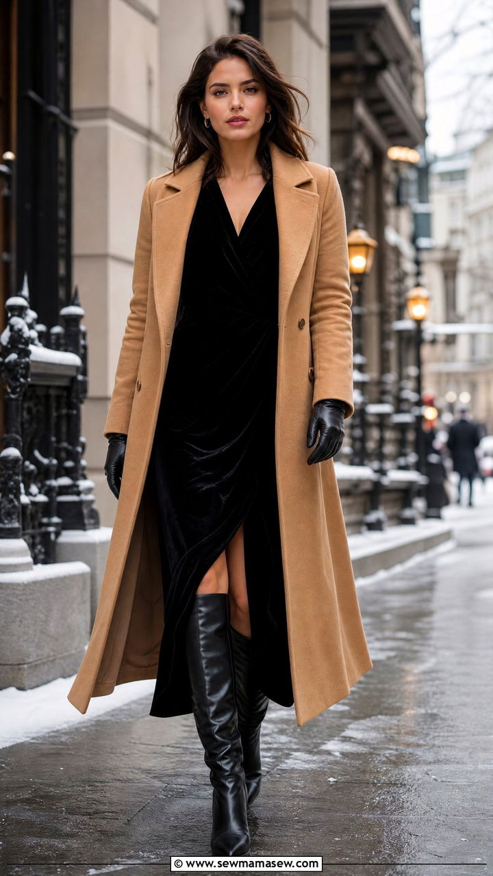 Maxi Dress With Knee High Boots and Long Coat - 25 chic maxi dress outfit ideas