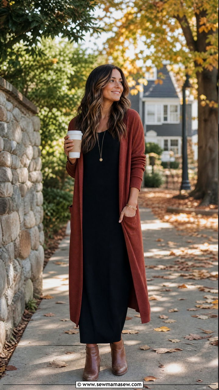 Maxi Dress With Long Cardigan And Ankle Boots - 40 maxi dress outfits