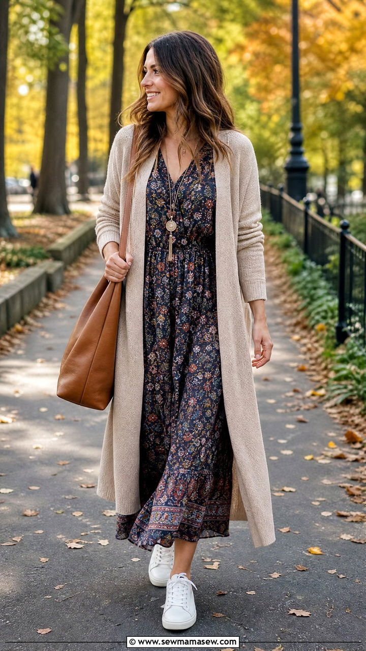 Maxi Dress With Long Cardigan And Sneakers - 30 Maxi dress outfit ideas with sneakers