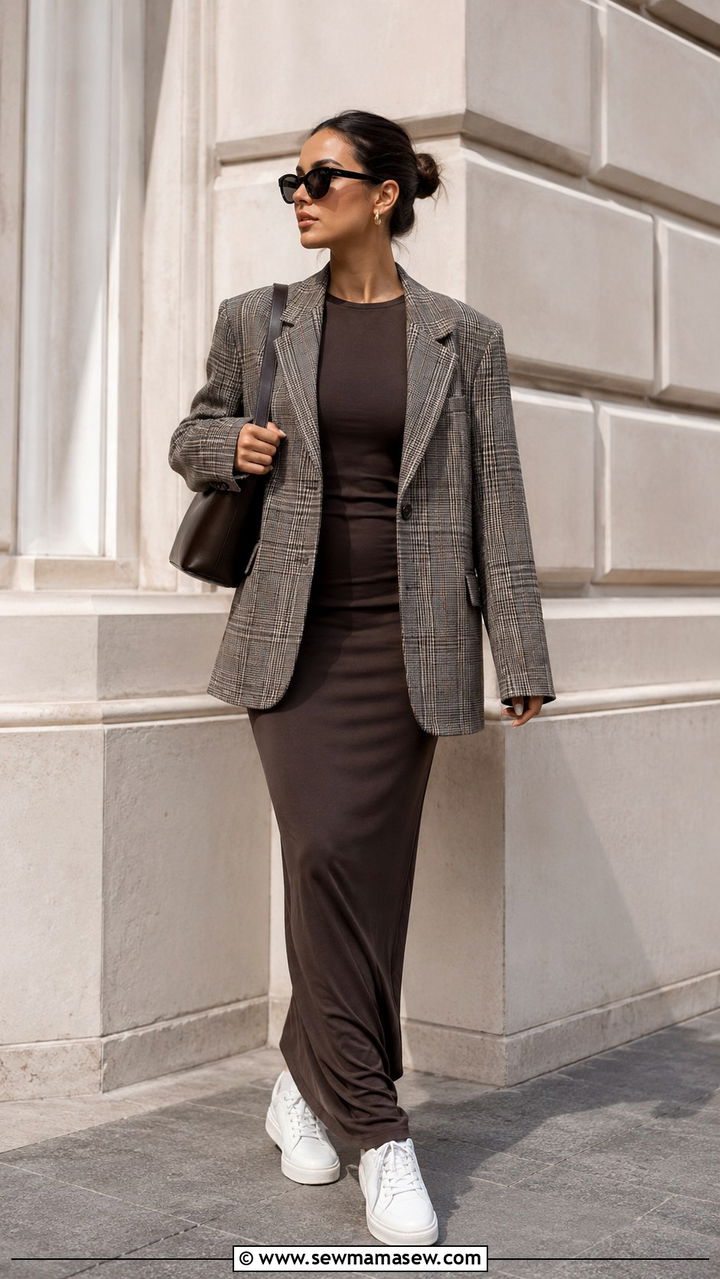Maxi Dress With Oversized Blazer - 30 Modest outfit ideas with maxi dress