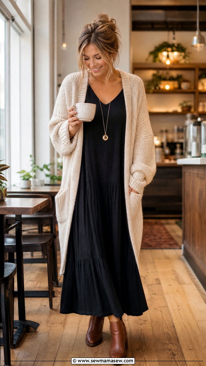 Maxi Dress With Oversized Cardigan and Ankle Boots - 25 chic maxi dress outfit ideas
