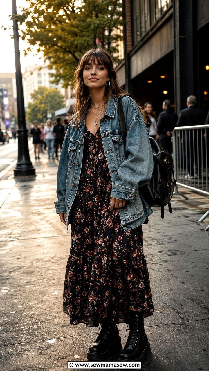 Maxi Dress With Oversized Denim Jacket And Combat Boots - 30 Maxi dress with a denim jacket outfit ideas