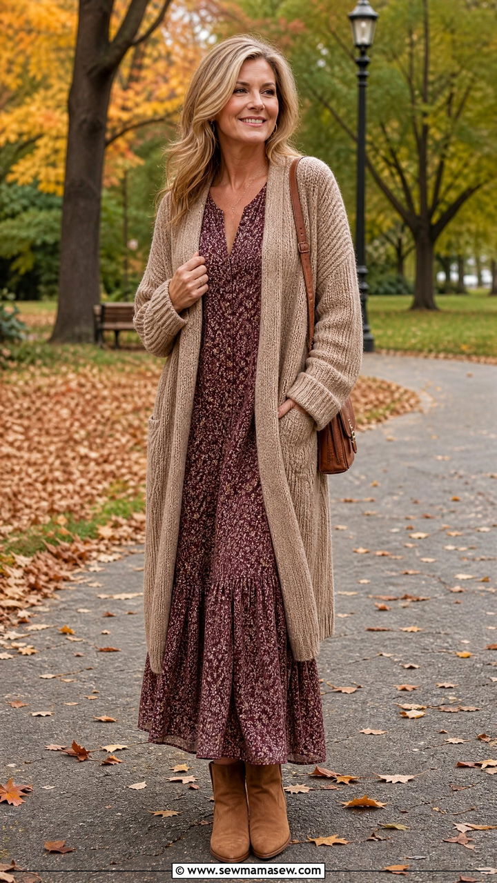 Maxi Dress With Oversized Knit Cardigan And Ankle Boots - 30 Maxi dress for women over 40 outfit ideas