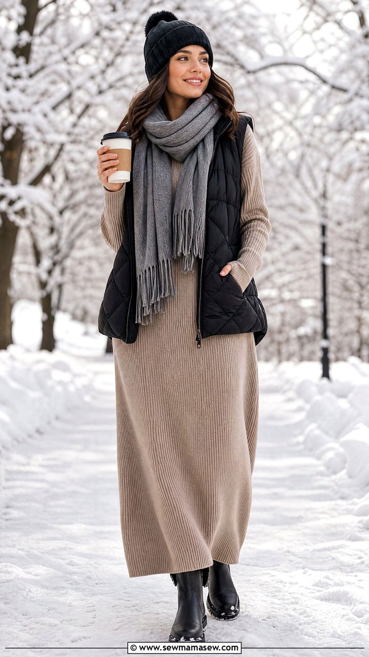 Maxi Dress With Puffer Vest - 35 maxi dress outfits for women