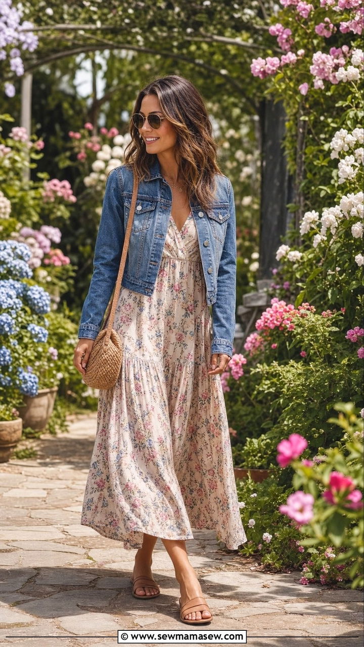 Maxi Dress With Sandals And Denim Jacket - 35 casual errands outfits