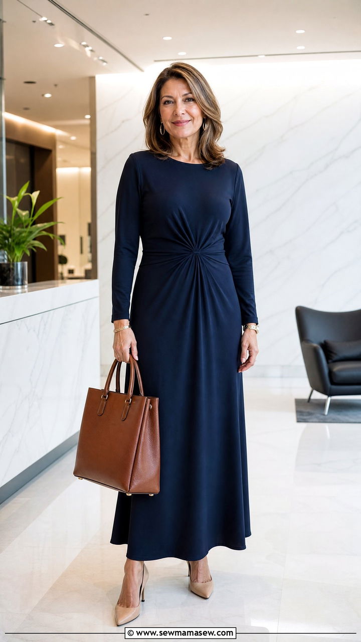Maxi Dress With Structured Tote And Pointed Heels - 30 Maxi dress for women over 40 outfit ideas