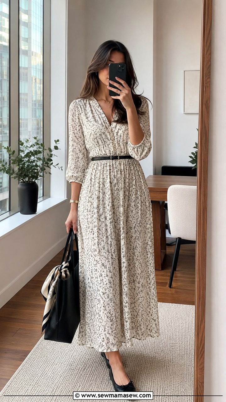 Maxi Dress With Thin Leather Belt And Ballet Flats - 30 Maxi dress with a belt outfit ideas