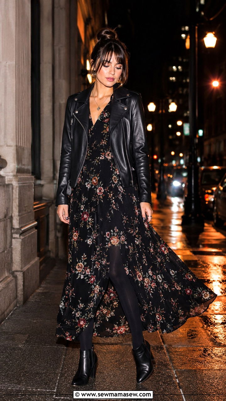 Maxi Dress With Tights And Leather Jacket - 30 Maxi dress outfit ideas with tights