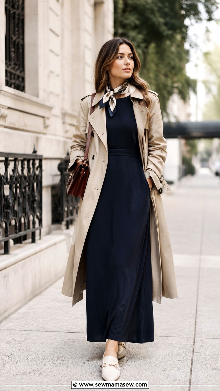Maxi Dress With Trench Coat - 30 Modest outfit ideas with maxi dress