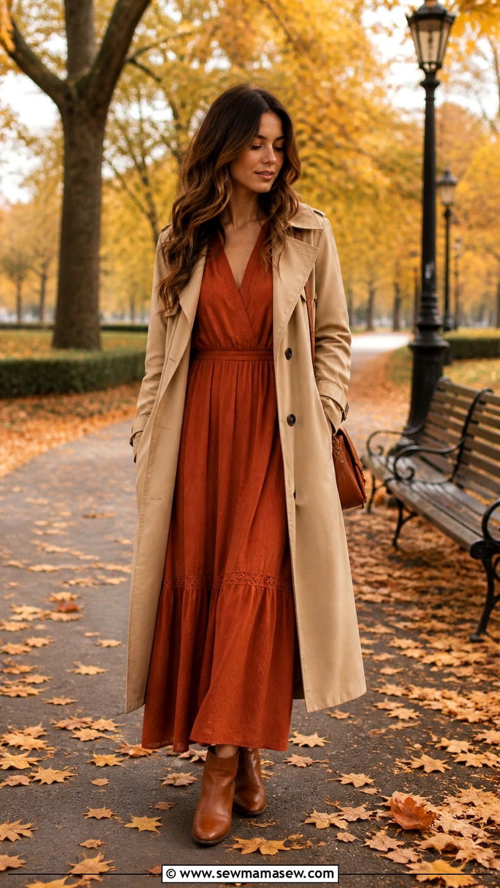 Maxi Dress With Trench Coat And Ankle Boots For Fall - 40 maxi dress outfits