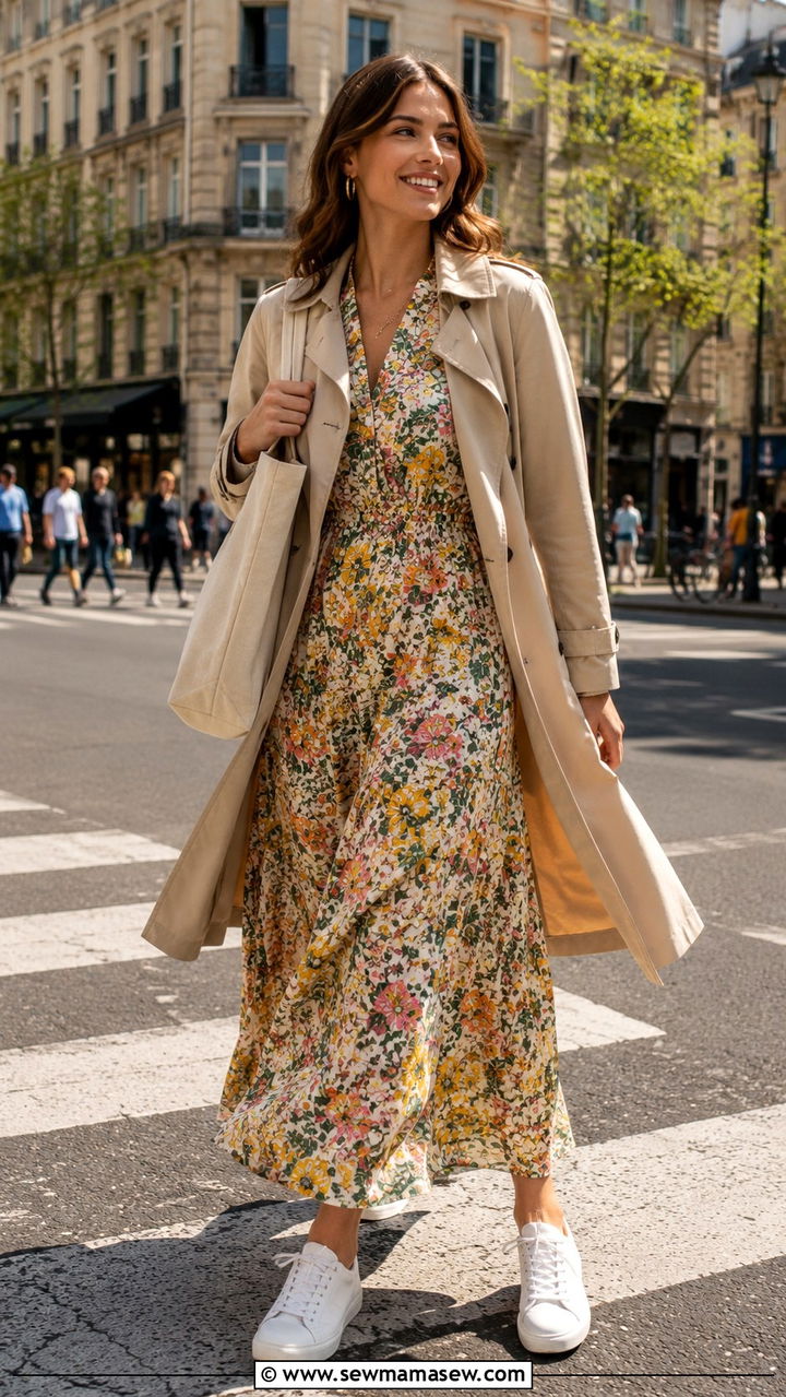 Maxi Dress With Trench Coat And Sneakers - 30 How to style a maxi dress in spring