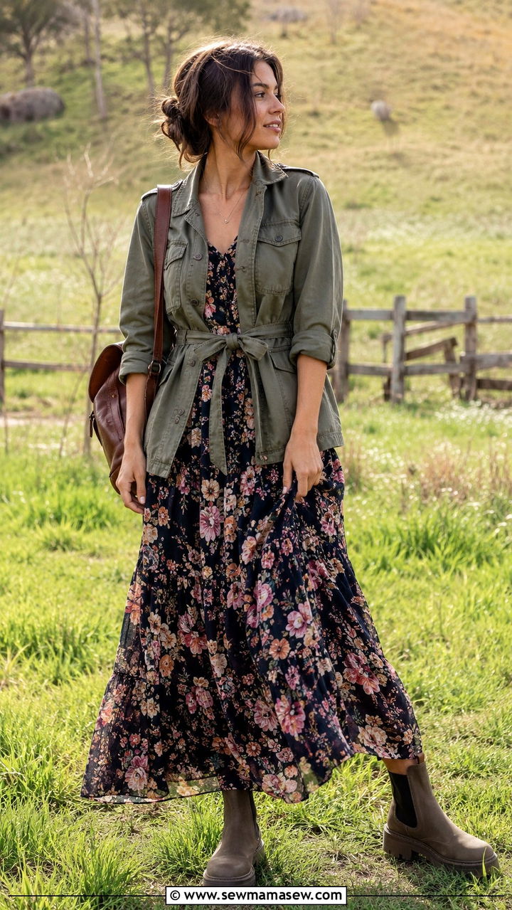 Maxi Dress With Utility Jacket - 30 How to style a maxi dress in spring