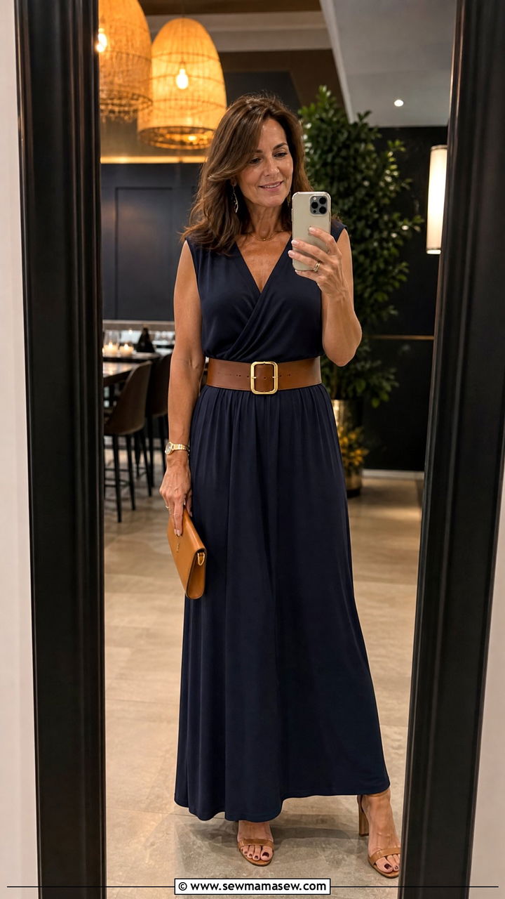 Maxi Dress With Waist Cinching Statement Belt - 30 Maxi dress for women over 40 outfit ideas