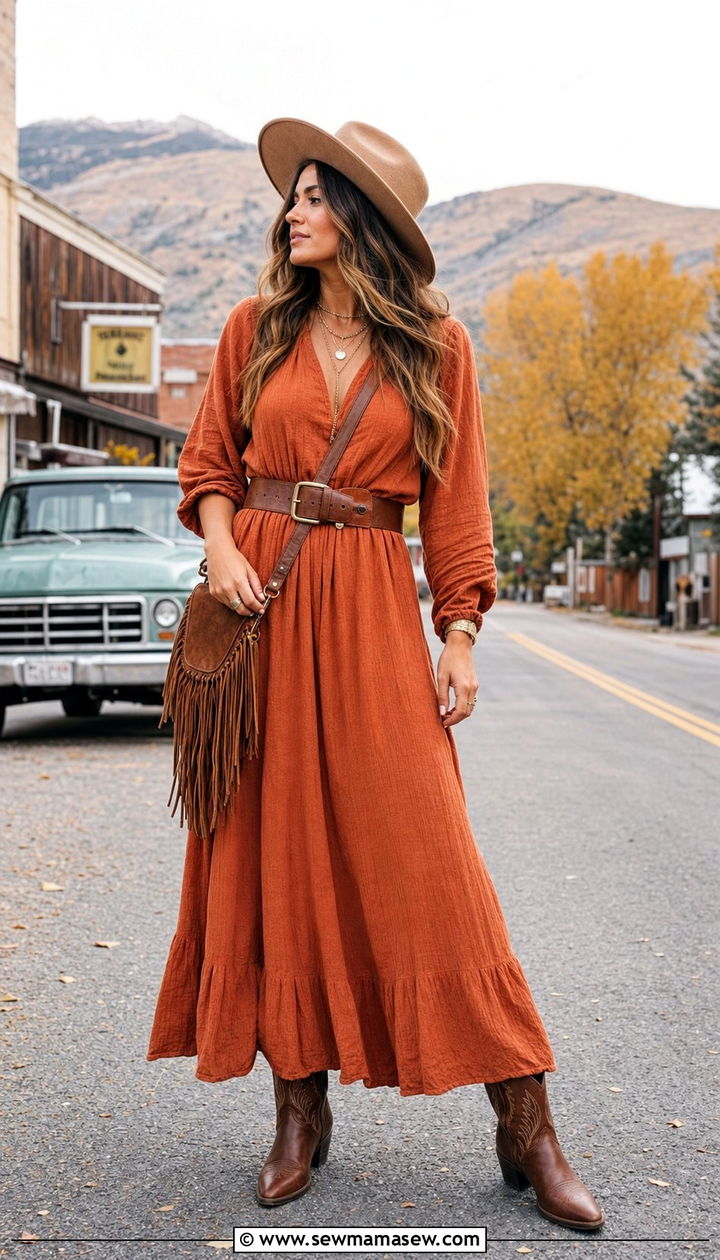Maxi Dress With Western Boots - 35 casual boho chic outfits