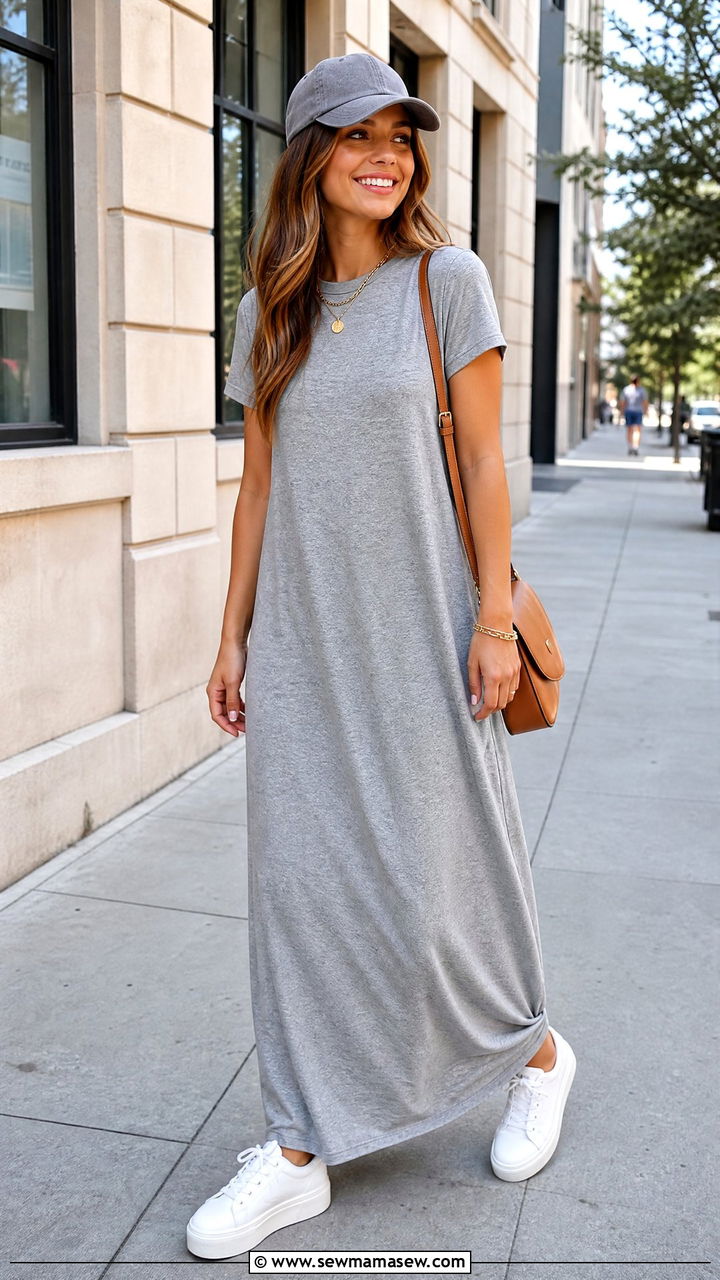 Maxi Dress With White Sneakers and Crossbody Bag - 25 chic maxi dress outfit ideas