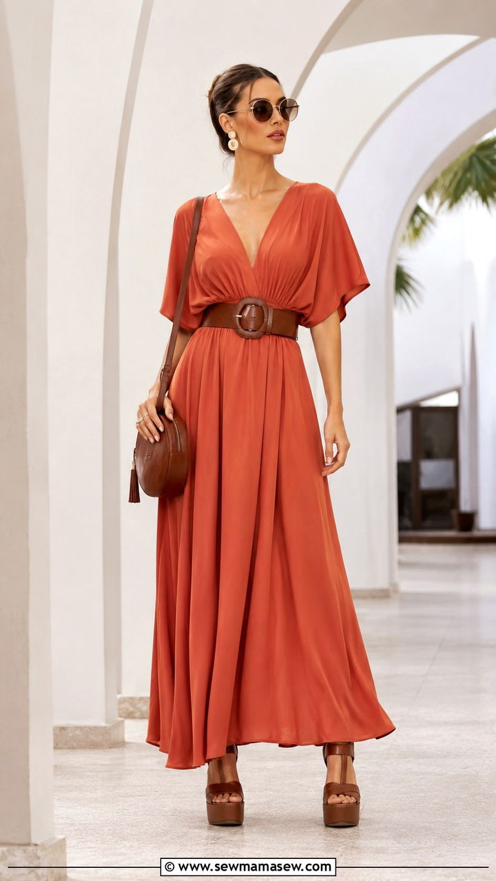 Maxi Dress With Wide Belt And Platform Sandals - 30 Maxi dress with a belt outfit ideas