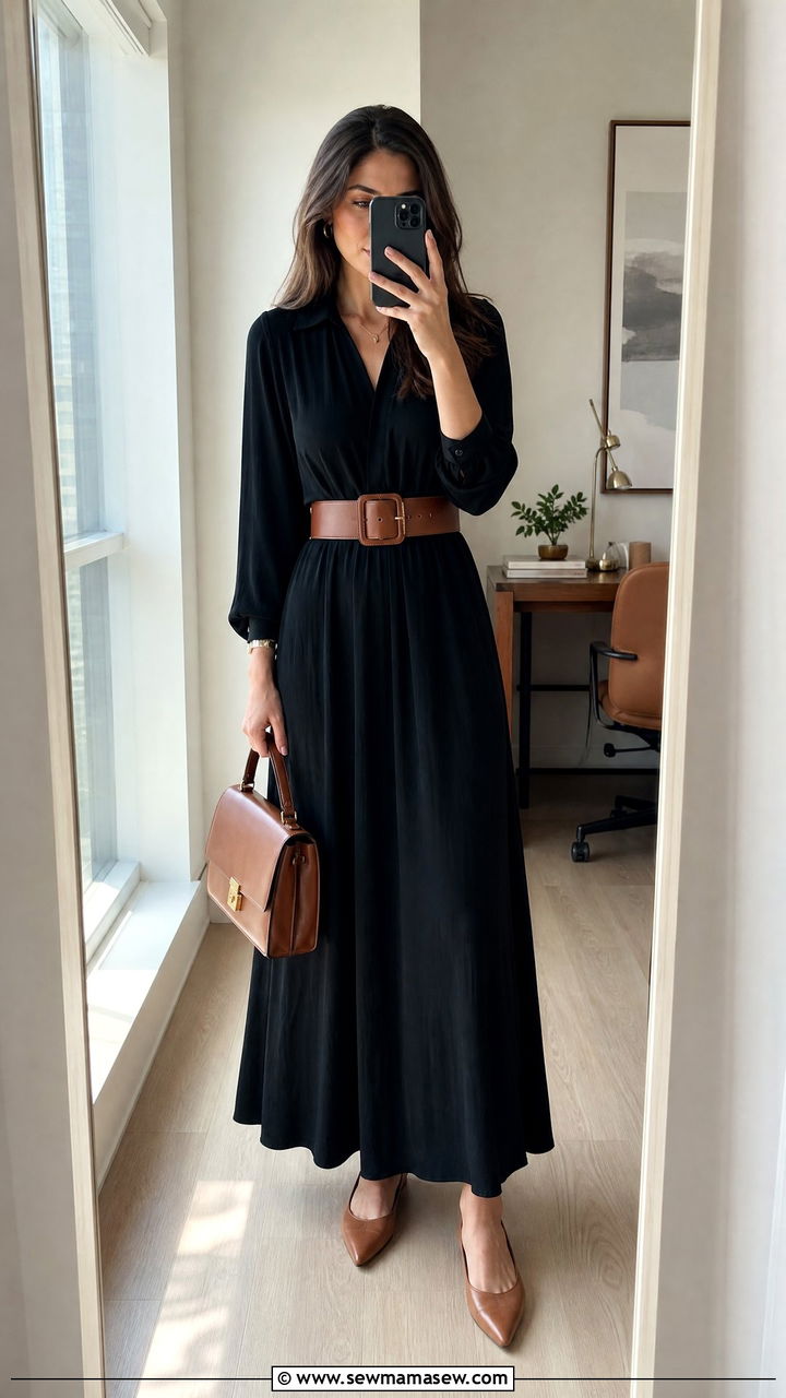 Maxi Dress With Wide Leather Belt And Structured Handbag - 30 Maxi dress for work outfit ideas