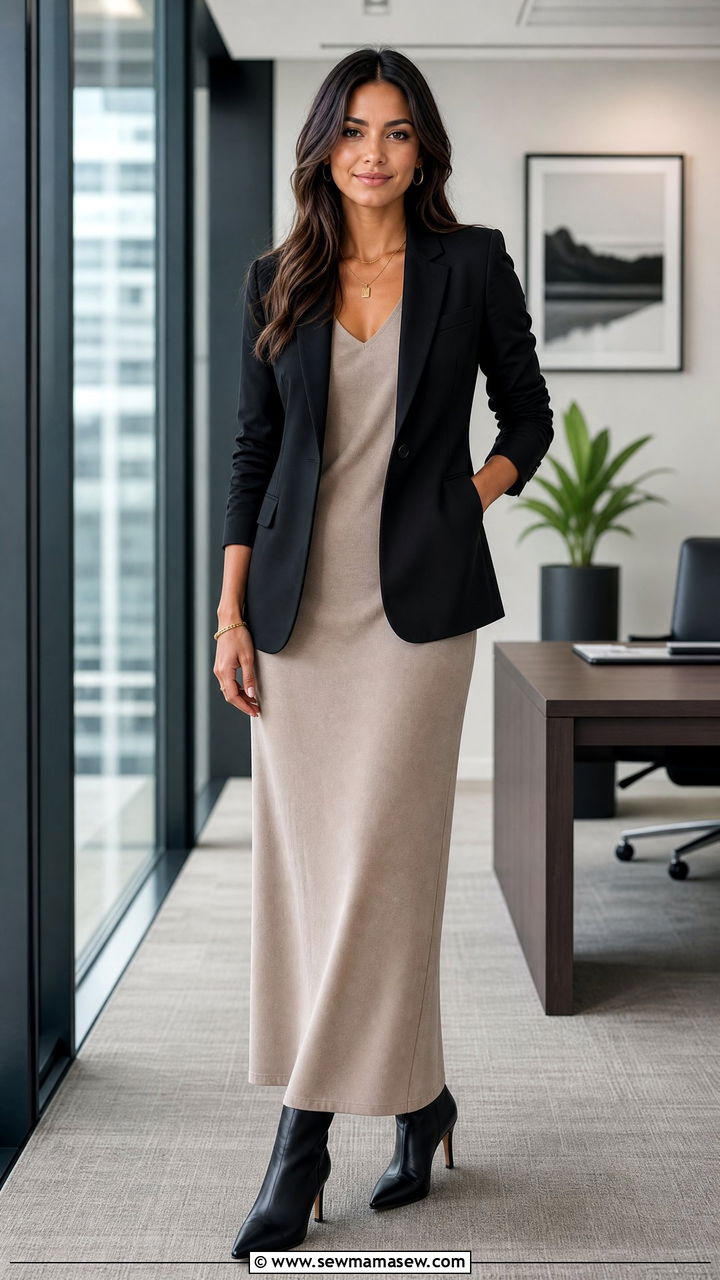Maxi Dress With a Blazer and Heeled Boots - 30 Maxi dress outfit ideas with boots