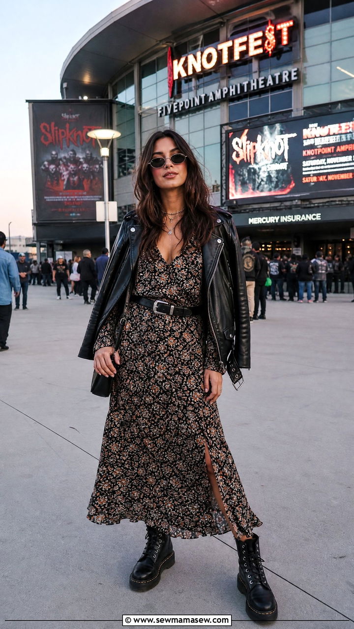 Maxi Dress With a Leather Jacket and Combat Boots - 30 Maxi dress outfit ideas with boots