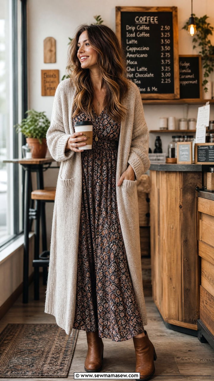Maxi Dress With an Open Cardigan and Ankle Boots - 30 Maxi dress outfit ideas with boots